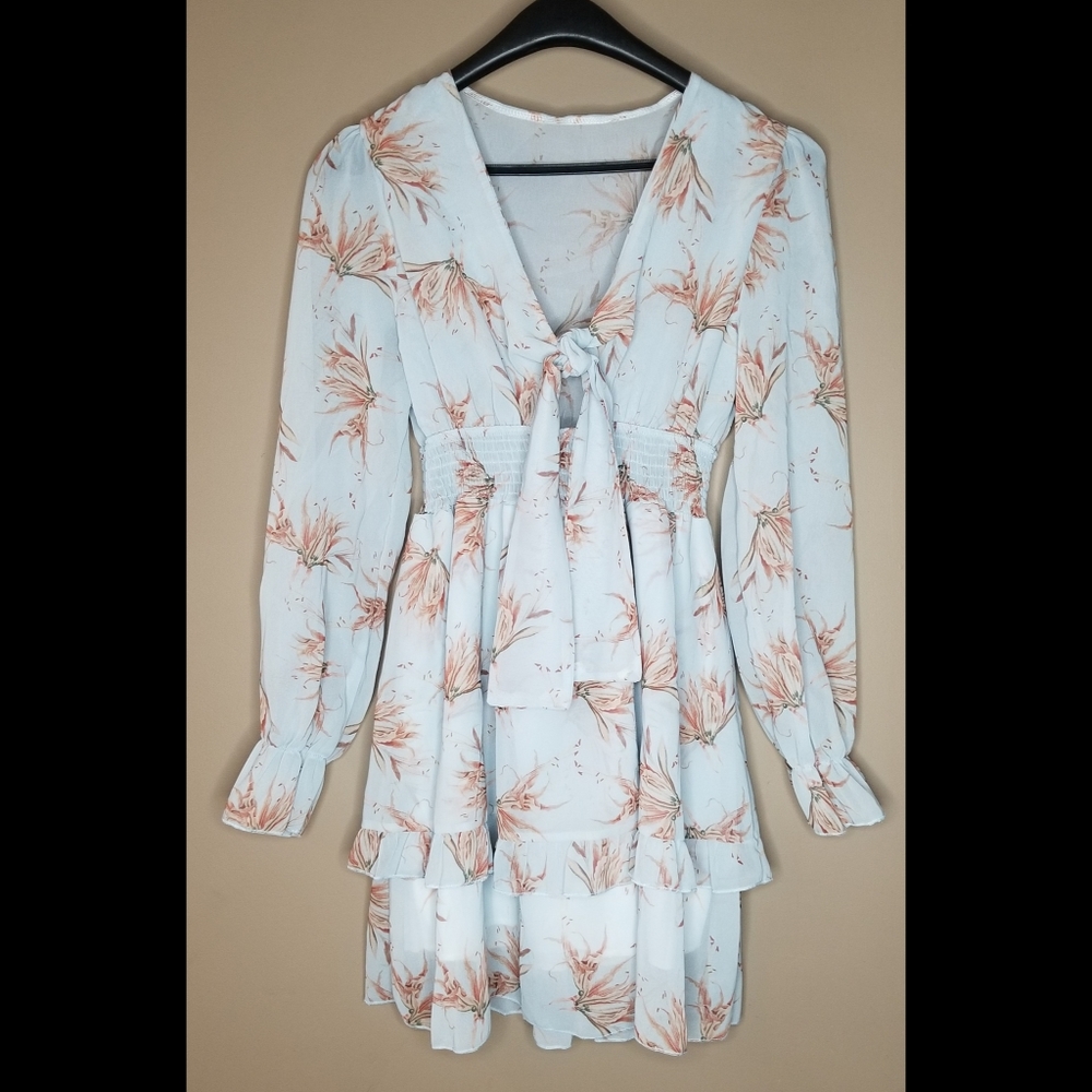 Blue floral chiffon long sleeve smocked waist tie bust tiered ruffle mini dress - Picture 7 of 8